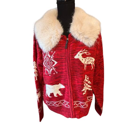 Sundance Forest Keeper Nordic Animal Holiday Fur Collar Cardigan Size L - Picture 1 of 6
